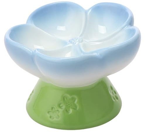 Erhöhter Katzennapf,150ml Keramik Futtertrog für Katzen und kleine Hunde,14×10,5 cm,Langlebiger Blumenförmiger,15° Geneigter Futternapf,Abnehmbarer Futter und Wassernapf für Katzen