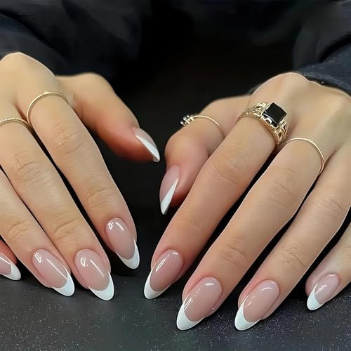 False Nails – 24PCS French Tip False Nails – Almond Press on Nails - Nude Natural French Style – Glossy Full Coverage, Includes Tool for Easy Nail Art – Perfect Nail Art for Women