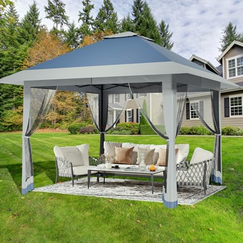 Tonnelle pop-up, robuste, 4 x 4 m, avec 4 panneaux latéraux moustiquaires, protection UV, ventilation à 360°, grande tente, facile à monter, double toit, tonnelle pour patio, jardin, terrasse, réunion