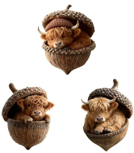 Highland Cow Weihnachtsanhänger in Eichel Form, 3 Stück Handgefertigte Christbaumschmuck aus Natürliche Materialien, 8 cm Festliche Tier Deko für Weihnachtsbaum & Wohnkultur