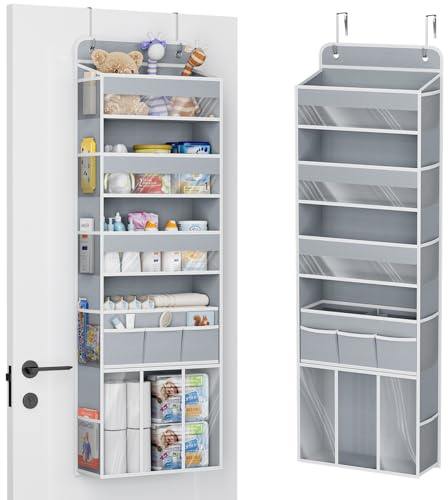INFANZIA Over The Door Hanging Organizer, 5 Tier Storage with Side Pockets | Heavy-Duty Wardrobe Foldable Behind Door Storage with Hooks, Hanging Shelves for Baby Nursery, Bedroom, Bathroom(Grey)
