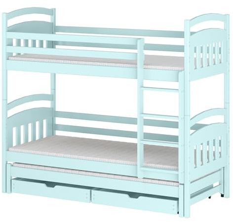 Dreifach-Etagenbett für Kinder Alan 80x190 Blau mit Schubladen für Bettwäsche, mit Ausziehbett, aus Holz