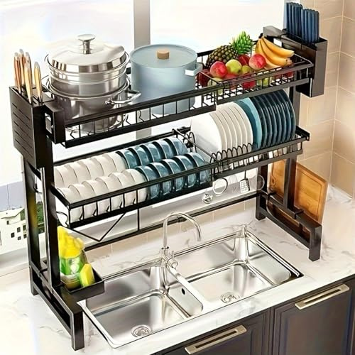 Zjyufy Over Sink Dish Drying Rack Adjustable 24.4-39.4, 3-Tier Expandable Kitchen Dish Drainer Rack with Utensil Holder, Heavy Duty Black Sink Shelf Organizer for Small Counter Storage