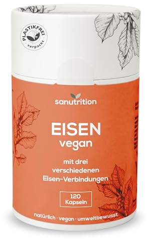 Eisen vegan | 120 vegane Kapseln | 21 mg Eisen pro Kapsel | 3-fach Komplex aus Eisengluconat, Eisenbisglycinat & Eisenfumarat | Natürliches Reinstoffprodukt ohne Zusätze | Papierdose