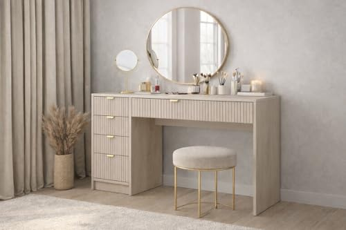 Agritrade AK Tireno Desk with Storage Drawers – Modern Grooved Front Design, MDF Construction with ABS Edging, Compact 120 cm Workstation for Study, Home Office or Bedroom (Cashmire Beige Sand)