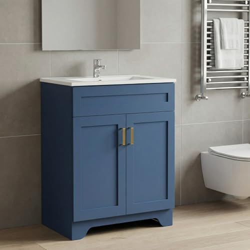 LDarqeer Waschbecken mit Unterschrank 60 cm breit, Freistehender Waschbeckenunterschrank, Badmöbel Set für Gäste-WC & Bad, 2 Soft-Close Türen, Waschtisch mit Keramikbecken, Blaue, Metallgriffe