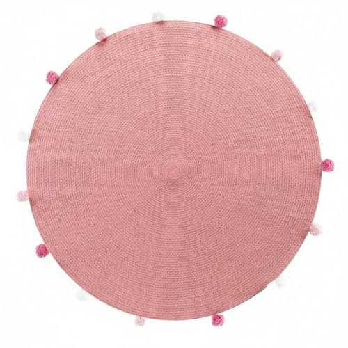 Macosa Rundteppich 90 cm Rosa Uni mit bunten Bommeln Boho Dekoteppich