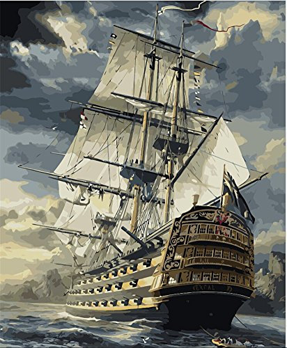 YEESAM ART DIY Paint by Numbers for Adults Beginner Kids, Dark Cloud Sailing Boat, Pirate Ship, Warships 16x20 inch Linen Canvas Acrylic Stress Less Number Painting Gifts