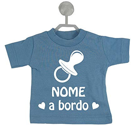 Fashion Graphic Mini T-Shirt Auto Ciuccio Nome Bimbo Bimba a Bordo Personalizzata con Nome Dotata di Gruccia e Ventosa (Celeste)
