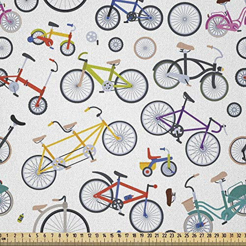 ABAKUHAUS Fahrrad Stoff als Meterware, Retro Bunte Fahrräder, Microfaser Multi Zweck Dekostoff für Kunsthandwerke, 3M (230x300cm), Weiß Grau