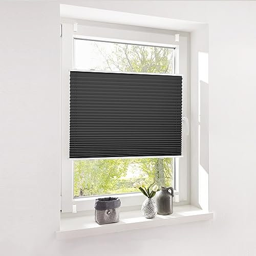 Deswell Plissee ohne Bohren Plisseerollo klemmfix Schwarz B90 x H130 cm Plisseerollo Stoff Sonnenschutz Leicht zu Montieren & Verspannt kinderleichte Montage 4Locks für Fenster & Tür