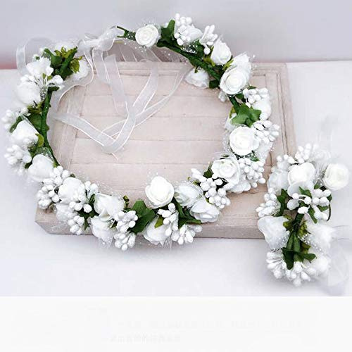 Schneespitze Blumenkranz,Blumenkrone,Handgelenk Band Haarband Set,Blumen Stirnband Blumenkrone Garland Stirnband Braut Brautjungfer Headwear,für Damen Mädchen