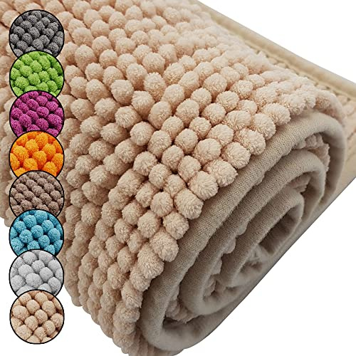 DILUMA Badematte Chenille 45x50 cm Beige Rutschfester Hochflor Badteppich Wellness Badvorleger Saugfähig und Flauschig