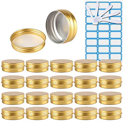 ZEOABSY 20 Pièces 30ml Pots en Aluminium Vide Rond Or Petit Cosmétiques Pot Conteneurs for Fait Main Bougies Crème Baume Voyage, 5X Spatule, 1x Étiquettes