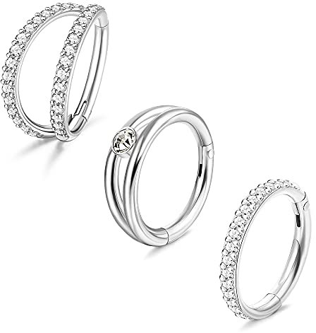 JeweBella 3 Paar 16G 316L Chirurgenstahl Body Helix Piercings Ohrringe 8/10mm Knorpel Hoop Clear CZ Paved Segment Conch Piercing Ring Unisex Creolen Septum Piercing Schmuck