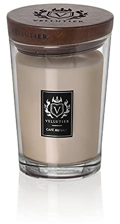 Vellutier Duftkerze Café Au Laitt, Kerze im Glas, Spezialrezeptur aus Samtigen Wachs, Verpackt in Hochwertigem Glas mit einem Holzdeckel, Kaffeebohnen rösten- und Vanille-Aroma, 16 x 11 cm, Groß, 515g