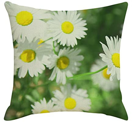 KnBoB Kissenhülle 50 x 50 cm, Kissenbezüge Gänseblümchen Muster Sofa Kissenbezug in Leinen (Weiß Gelb Grün, 4 Pcs)
