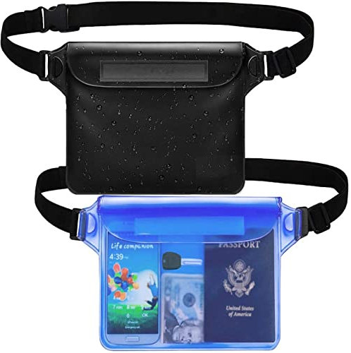CMC-PROGEAR wasserdichte Tasche 2 Stück, wasserfeste Bauchtasche mit verstellbarem Hüftgurt, wasserdichte Handyhülle mit IP68 Bewertung für Wassersport, Strand, Schwimmen(2 Pack:Schwarz+Blau)