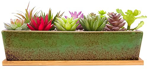 ARTKETTY Vasi per piante grasse in ceramica, 30 cm, moderni, lunghi, rettangolari, con vassoio, per cactus e bonsai, con drenaggio, per interni ed esterni, decorazione per la casa (verde)