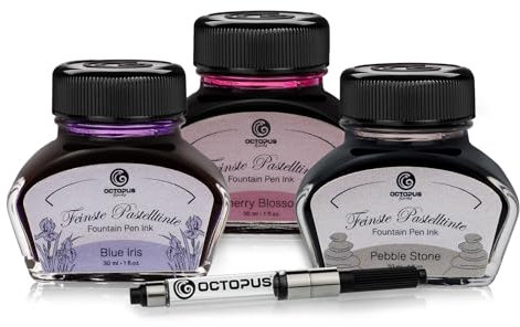 Octopus Schreibtinte Pastellfarben Blue Iris, Cherry Blossom und Pebble Stone, Füllhaltertinte im Tintenglas mit Konverter, Pastell-Tinte zum Schreiben und Malen, 3 x 30 ml