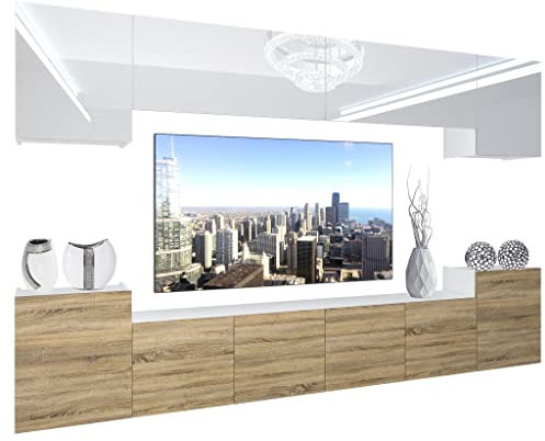 BELINI Wohnwand Vollausstattung Wohnzimmer-Set Moderne Schrankwand mit LED-Beleuchtung Anbauwand TV-Schrank Weiß/Sonoma Eiche