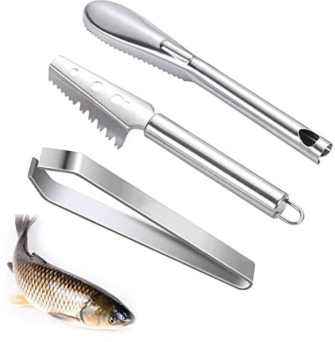 LONGHAO 3 pcs,Brosse à éCailles De Poisson,Grattoir à éCailles De Poisson,Outil De Nettoyage De Poisson,Brosse à éCailles De Poisson AntidéRapante,Pince à éPiler Professionnelle en Acier Inoxydable