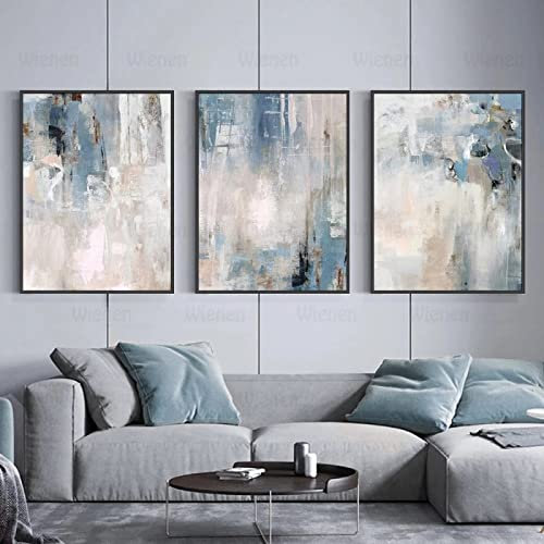 Leinwand Wandkunst 3er Set Blau Grau Moderner Stil Abstrakte Wandkunst Poster Nordic Leinwanddruck Malerei Zeitgenössische Kunst Dekoration Bild Für Wohnzimmer-50x70cm Kein Rahmen
