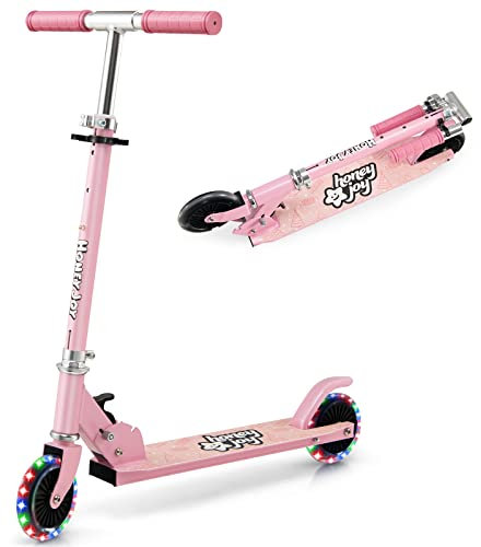 GYMAX Trottinette Enfants 3 Ans+, Hauteur Réglable 70-75-80CM, avec Roues Lumineuses à LED et Frein Arriére, Design Pliable (Rose)