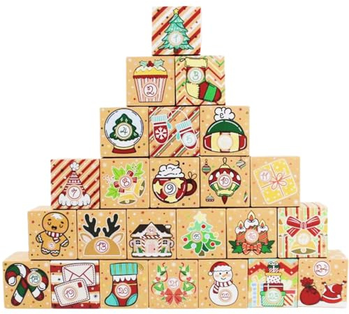 TLOXO Adventskalender zum Befüllen, 24 DIY Adventskalender Kisten Set,Selber Befüllen zum Basteln und Aufstellen Weihnachten Dek
