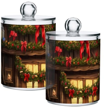 GAIREG Weihnachts-Holzhaus 2 Stück Wattestäbchen Ball Qtip Halter Glas Kunststoff Behälter Spender mit Deckel für Badezimmer