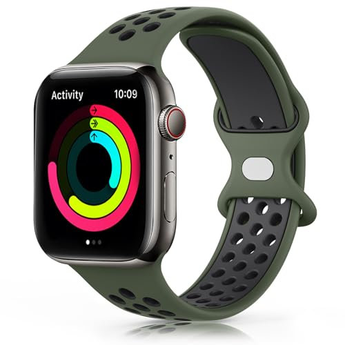 TOOB Cinturino per Apple Watch 45mm 44mm 42mm 41mm 40mm 38mm, Cinturino in Silicone Morbido e Traspirante per iWatch/Apple Watch Series 9 8 7 6 5 4 3 2 1 SE (42/44/45mm, Verde scuro/nero)