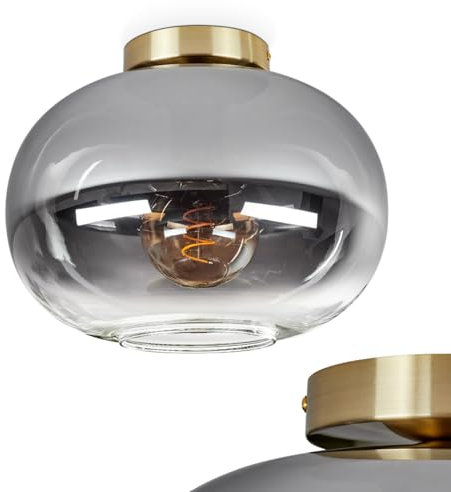 HOFSTEIN Plafonnier Apedo, plafonnier en métal/verre en laiton/noir/fumée/clair, luminaire au design rétro/vintage avec abat-jour en verre (Ø 30 cm), 1 x E27, sans ampoules
