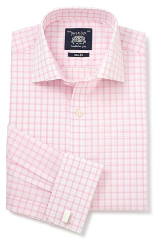 THE SAVILE ROW COMPANY LONDON Men's Slim Fit Cotton Poplin Long Sleeve Formal Shirt - Double Cuff - Pink White Check - 15 Collar - Standard