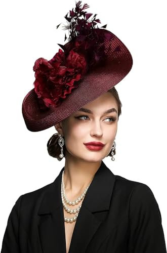 Generic Tocado de plumas para fiesta de té, sombrero de Kentucky, para cóctel, boda, Derby, sombrero de paja, Vino Rojo 1, Talla única