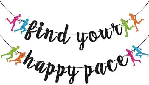 FOZEE Find Your Happy Pace Banner, Runner Party Decor, Running Race Glitter Banner, Running Birthday Party Banner, Marathon Party Decorations, Black Glitter