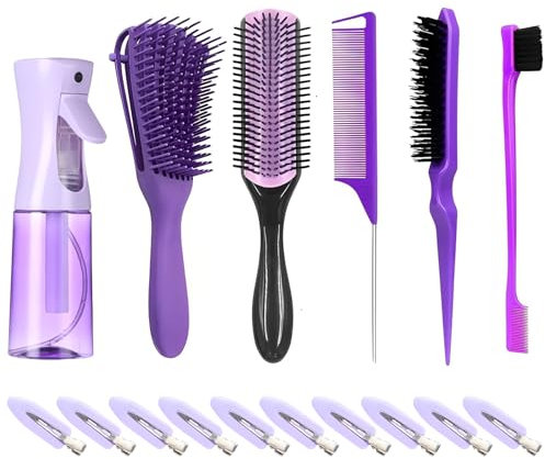 WhaleO Haarbürsten Set Lockenbürste Sleek Bun Bürste Curly Hair Brush Entwirrbürste Stielkamm Toupierkamm Detangling Brush Skelettbürste Sprühflasche Haare und Haarclips Friseur Zubehör