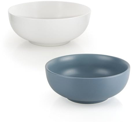 YKUKIZEE 2 Pack Ceramic Large Salad Bowl 1600 ml, 20 cm Porcelain Large Serving Bowls, Round Fruit Bowl for Soup Pasta Cereal Ramen(White, Blue)