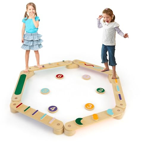 DREAMADE Balancierbalken aus Holz, Schwebebalken-Set für Kinder ab 1 Jahr, 19 Stück Balancebrett für freie Kombination, belastbar bis 60kg