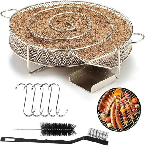 Edelstahl Rauchgenerator, Kaltraucherzeuger, Rund Rauchgenerator, für Grillgeräte, Kugelgrill,mit 5 Fleischhaken + 2 Reinigungsbürste
