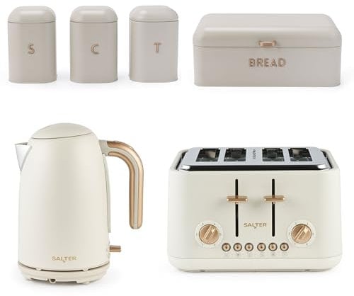 Salter Pebble Kettle, Toaster & Countertop Set – 1.7L Fast Boil Electric Kettle, 4-Slice Toaster, Tea, Coffee & Sugar Canisters and Large Bread Bin, Dry Goods, Carbon Steel, Stone, COMBO-9520