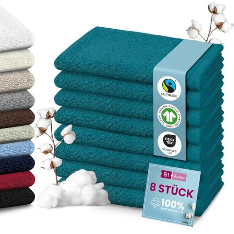 B!HOME 8er Set Premium Gästehandtücher [100% Baumwolle] 30x50 cm, Petrol/grün/Handtücher Weich, Saugstark & Pflegeleicht/Waschlappen Perfekt für Bad, Gäste & Reisen