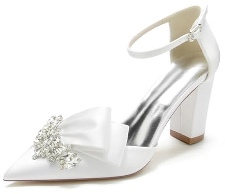 smlekwc Femmes Chaussures De Mariée Plissée en Satin avec Strass Bout Pointu Robe Escarpins avec Bride Cheville Talon Bloc Hauts Fête De Mariage Sandales De Bal,Blanc,38 EU