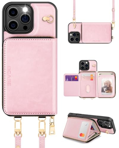 OCASE Cover Portafoglio per iPhone 16 Pro Max (6,9 Pollici) Rosa | Blocco RFID, Custodia Non Rimovibile con Tasca a Cerniera, in Similpelle, Cavalletto, Fessure Carte, Antiurto