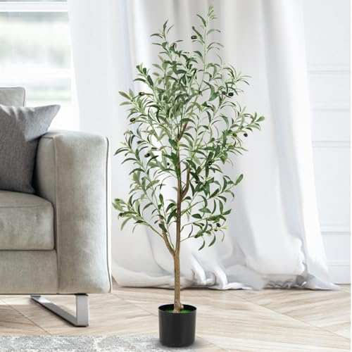 TANGZON 130CM/182CM Artificial Olive Trees, Fake Olive Silk Tree with Realistic Leaves & Fruits, Indoor Outdoor Evergreen Faux Plant in Pot for Living Room Bedroom Office (4.3FT/130CM, 1, Count)
