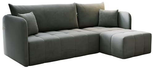 KP-Meble - Ecksofa mit Schlaffunktion Santo, Schlafsofa mit Bettkasten Couch, Wohnlandschaft, Bequemer Sitz - Velourstoff mit dekorativer Steppung - Rechts - Monolith 84 (Grau)