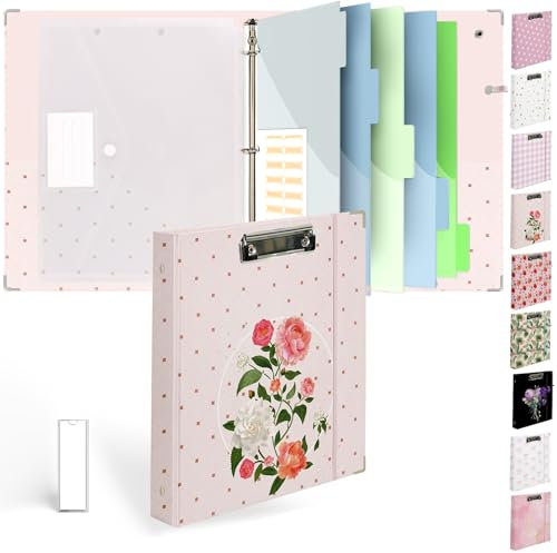 Etzul Ringbuch mit 3 Ringen, mit Klemmbrett – weiches rosa Blumendesign, inklusive Trennwänden, Aktenbeutel und Rückenschild – perfekt für Studenten, Lehrer und Profis