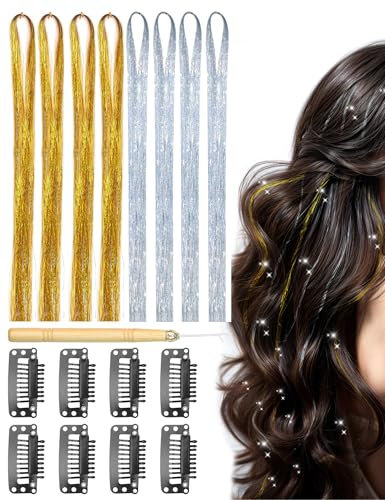 Molirex Hair Tinsel 120 cm, 1440 Glitzer HaarsträHnen-Kit, Geeignet FüR Haare Festival Party, PartyzubehöR Zum Valentinstag, Haar Lametta Haarverlängerungen FüR MäDchen（Gold Und Silber）