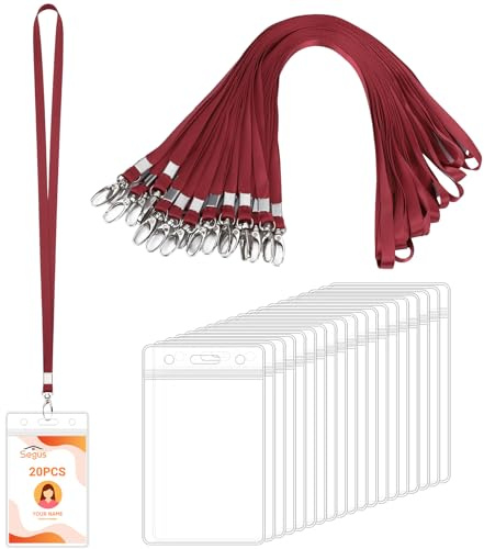 Segus Tour de Cou Badge, 20 Pièces Porte Badge avec Cordon, Porte Carte Plastique Transparent, Protege Carte, pour Bureau, École, Hôpital (Jujube Rouge, Vertical)