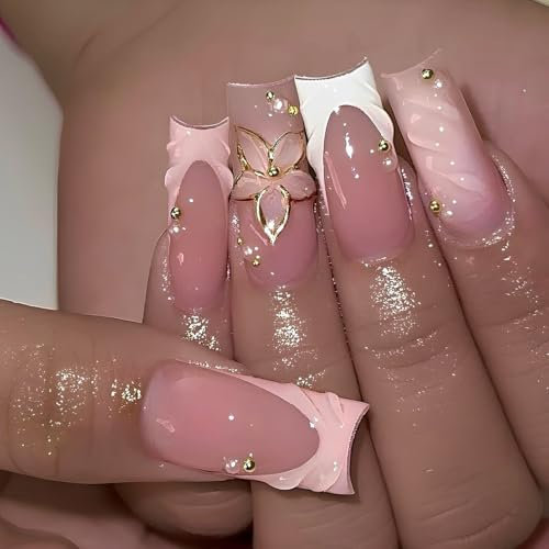 MouyouGlow Press on Nails Lang,Square Nude Rosa French 3D Wasserrippel Gold Blumen Floral Pearl Fake Nails with Nail Glue,White Tips Flowers Y2K Artificial Fingernails