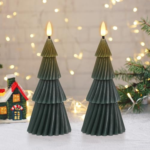 Eldnacele Christmas Tree LED Candles with 6hrs Timer, Real Wax Battery Operated Flickering Flameless Candles for Christmas Decorations(2 pcs 3 x 7.1)